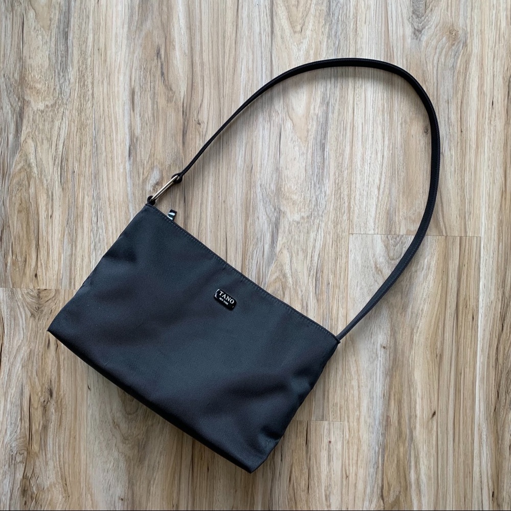 TANO New York Designer Black Nylon Shoulder Bag Sleek Modern - Black and Silver